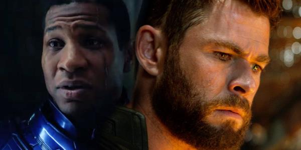 Split Image: Kang the Co<em></em>nqueror (Jo<em></em>nathan Majors) stares menacingly; Thor (Chris Hemsworth) looks down in shame in Avengers: Endgame